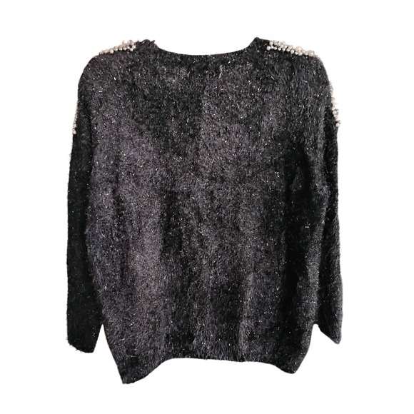 Mizumi Black Fuzzy Pearl Shoulder Sweater Women's M Shaggy Knit Sparkle Party - Picture 2 of 6